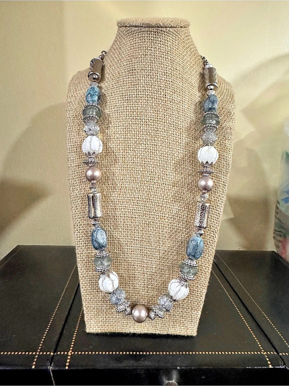 Vintage Beaded Statement Necklace Blue & White